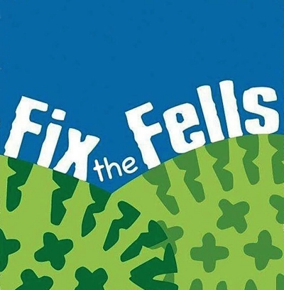 Logo image. Two green boot soles crossing to form the shape of the fells with the text 
                            'Fix the Fells' running over the top