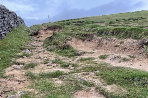 Upland landscape with deep erosion along the line of the path. Dry stone wall to the left
                        and sign in the distance