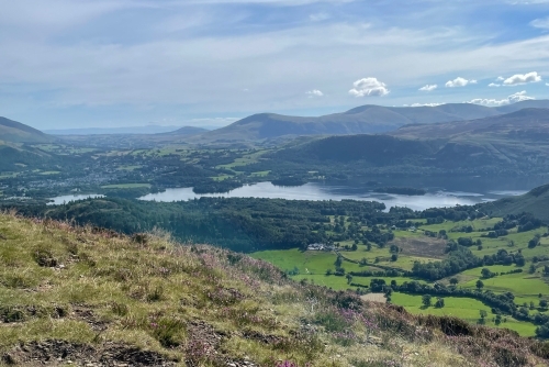 Looking donw to the lake of Derwentwater with the fells behind 
                                and the town of Keswick just visible to the left.