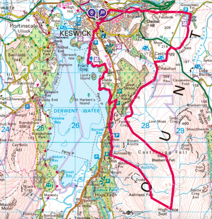 Map showing a suggested route for the Castlerigg to Ashness walk. Starting in Keswick 
                            the walk heads first to Castlerigg Stone Circle, before following along to Walla Crag. The route then heads up 
                            Bleaberry fell and along to High Seat before dropping all the way back down to Ashness Bridge.  From Ashness bridge 
                            follow the lakeside path back to Keswick.