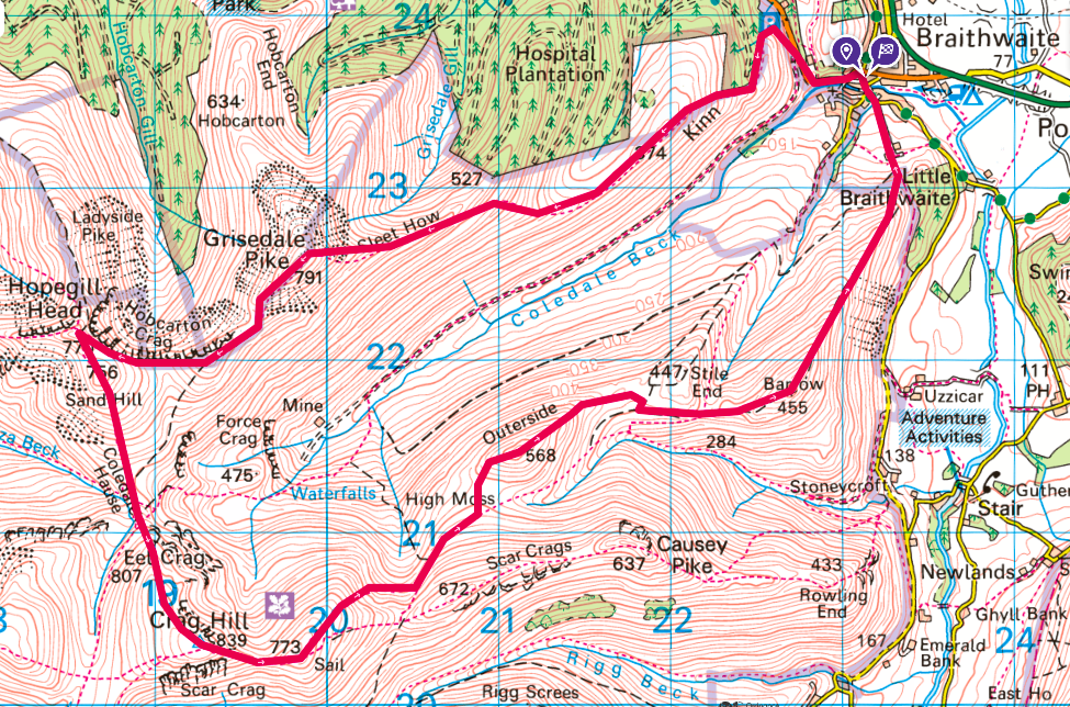 Map showing a suggested route for the Coledale Horseshoe. Starting in Braithwaite 
                            and heading first up Grisedale Pike, before following along Hobcarton Crag to Hopegill 
                            Head. The route then heads down to Coledale Hause before heading back up to Crag Hill 
                            and then Sail. Finally the route takes in Outerside and Barrow before finishing back in Braithwaite.