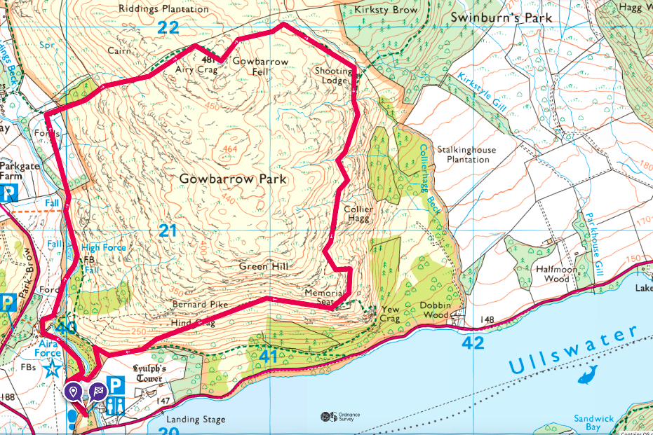 Map showing a suggested route for the Aira Force and Gowbarrow walk. It starts in the National trust
                            carpark and follows the Aira Beck up past Aira Force. The path continues North before turning East and heading up 
                            Gowbarrow. The path then loops back down the otherside of Gowbarrow and round back to the carpark.