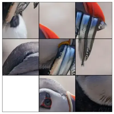 View of the puffin puzzle with the picture all scrambled